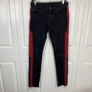 MNML Size 30 X33  Jeans Black Skinny Punk Retro Red Gothic Frayed Raw Hem Denim